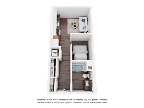 a floor plan of a small apartment with a bedroom and a bathroom